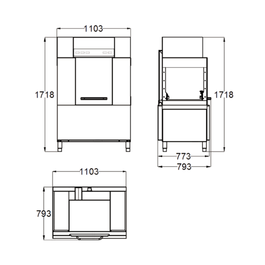 Dimensions and installation drawing of the 200C Series conveyor dishwasher