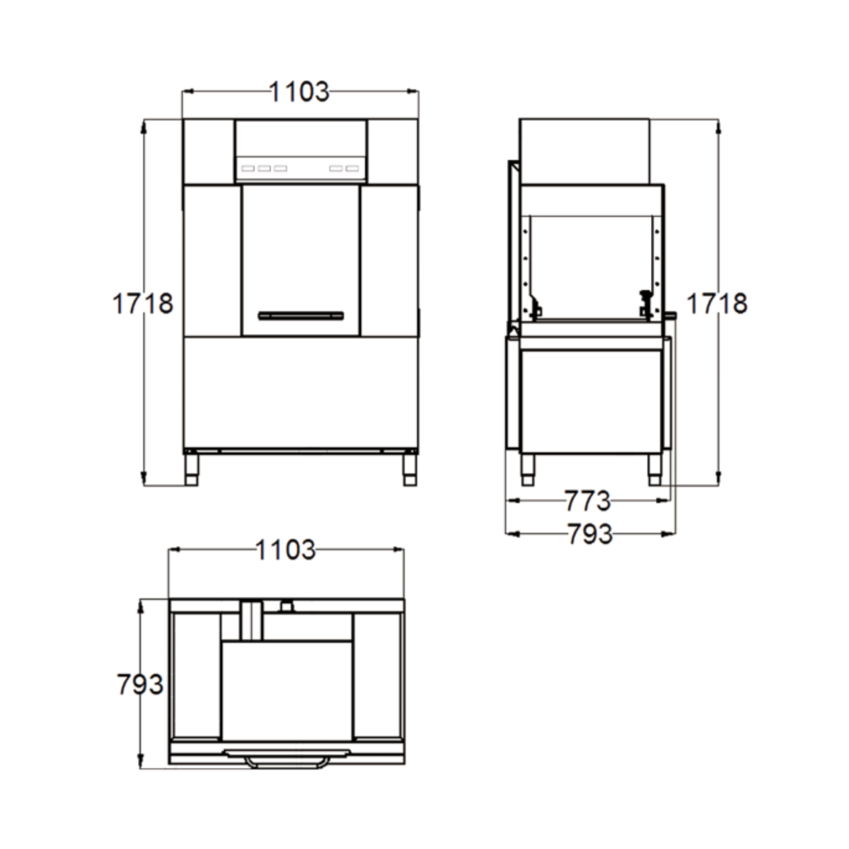 Dimensions and installation drawing of the 200C Series conveyor dishwasher