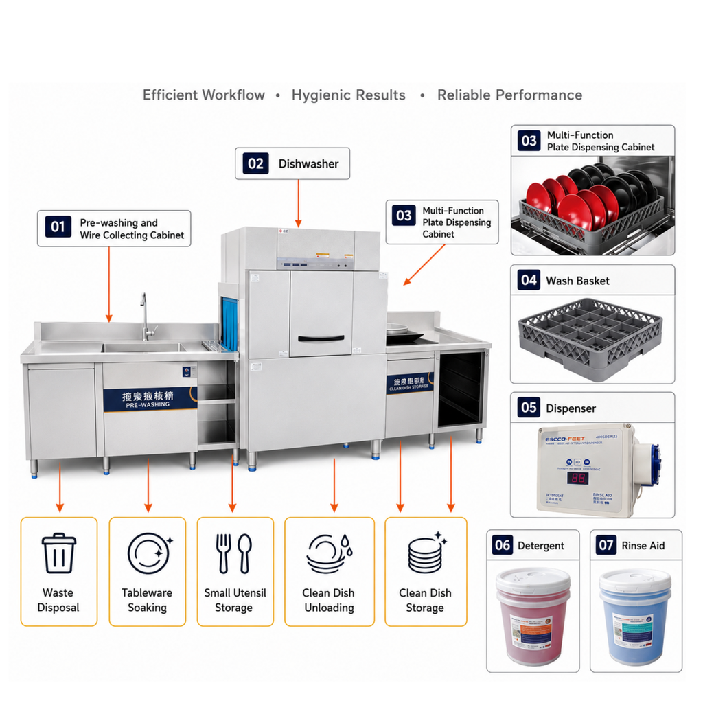 Compact commercial conveyor dishwasher with 180 racks per hour washing capacity