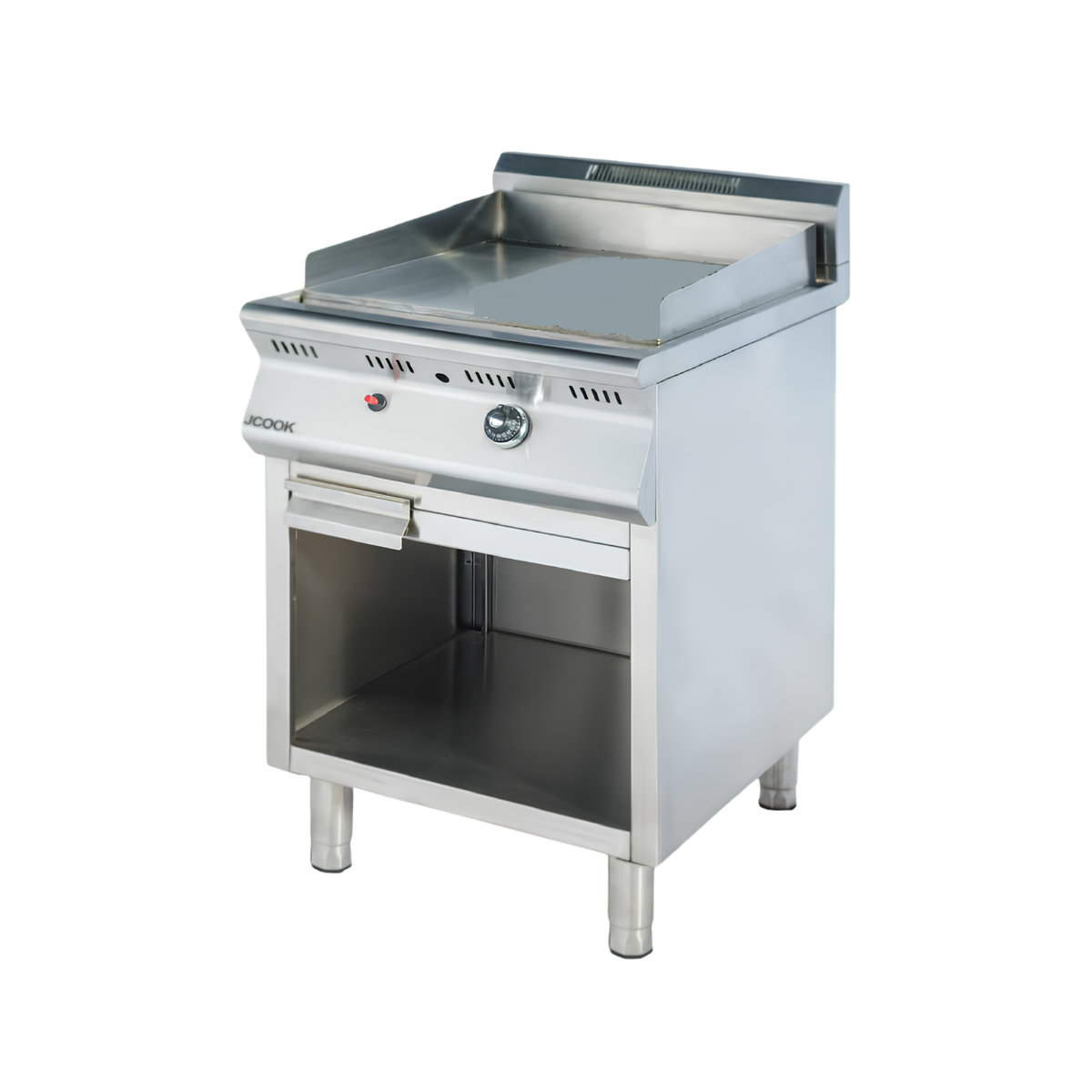 JCOOK GF60-C 600mm commercial gas flat griddle with open cabinet base for professional kitchens